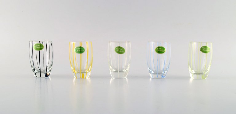 Åfors glasbruk, Sweden. A set of 5 vodka / shot glasses in hand painted mouth 
blown art glass. 1960