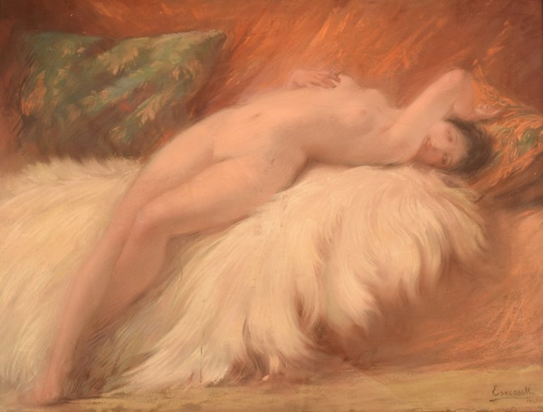 Naked young beauty on lambskin, French Art Deco, pastel.