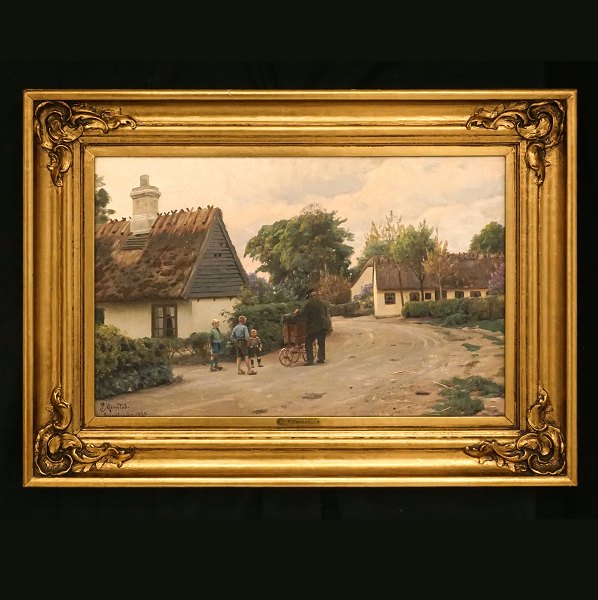 Peder Mønsted, 1859-1941, oil on canvas. Village with children. Signed and dated 
1928. Visible size: 39x59cm. With frame: 59x79cm