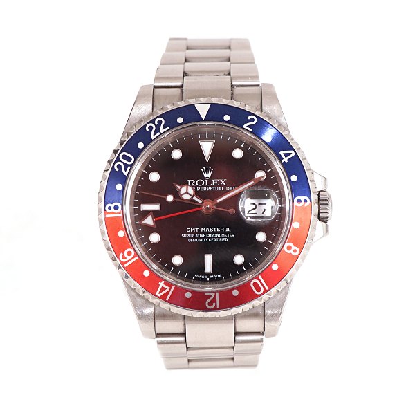 Rolex GMT II ref. 16710 Pepsi. Solgt 1. gang 24.10.2000. Leveres med box og 
papirer.
D: 40mm