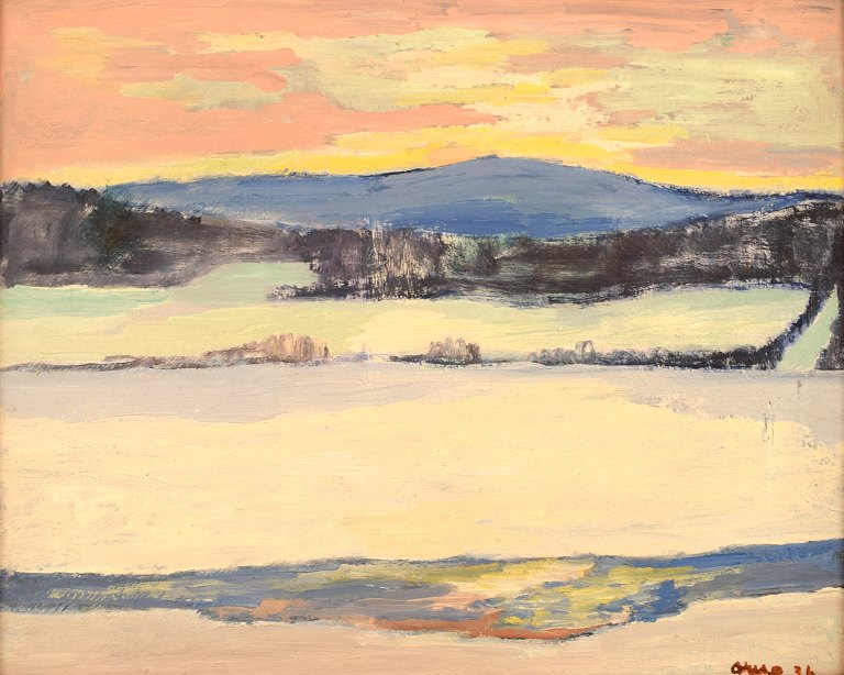 Bengt Orup (f. 1916, d.1996), Svensk kunstner. Olie på lærred Solnedgang i 
sneklædt vinterlandskab. 1936. Stille, Nordisk stemning.