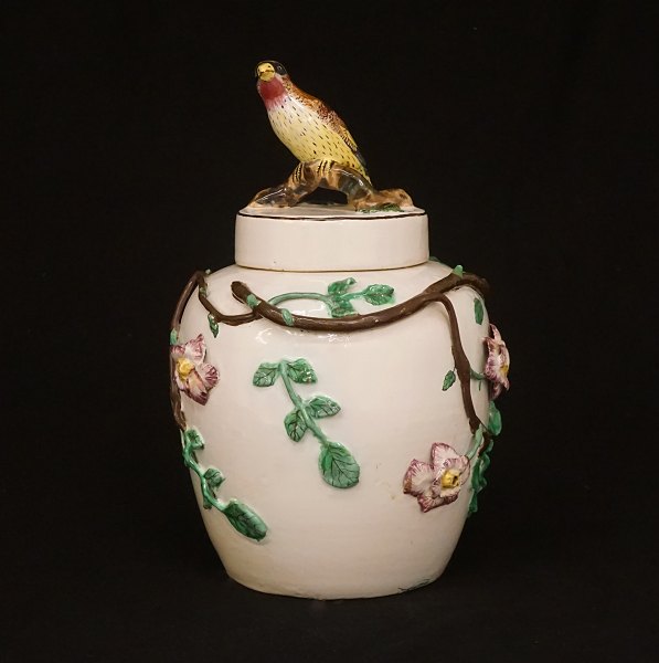 A lidded jar, faience. Signed Marieberg, Sweden, circa 1765. H: 37cm