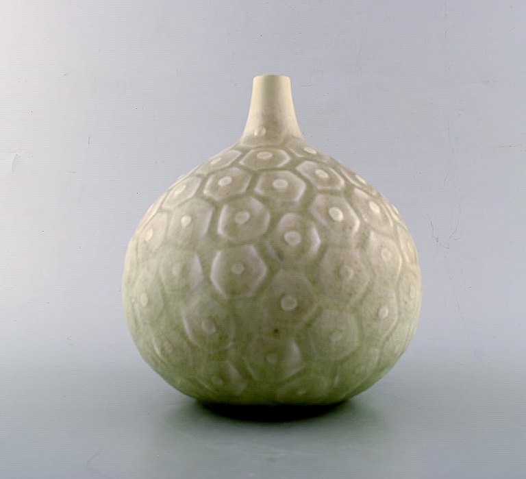 Saxbo. Large round vase with geometric pattern. Narrow neck. Beautiful glaze in 
light gray and green shades. Rare model, 1940s / 50