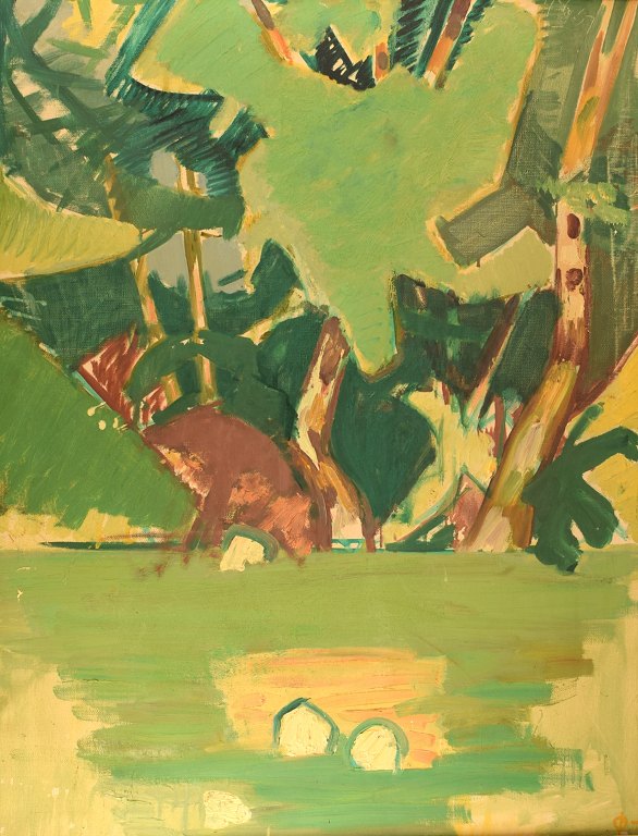 Hans Øllgaard (b. 1911, d. 1969). Abstract modernist landscape. Oil on canvas. 
1950 / 60