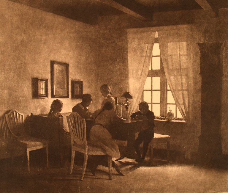 Peter Ilsted, b. Sakskøbing 1861, d. Copenhagen 1933.
"En Regnvejrsdag". A rainy day. Interior with the artist