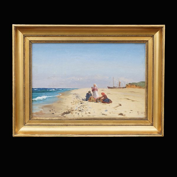 Holger Lübbers, 1850-1931, Strandpartie. Öl auf Leinen. Signiert und datiert 
1894. Lichtmasse: 20x30cm. Mit Rahmen: 30x40cm