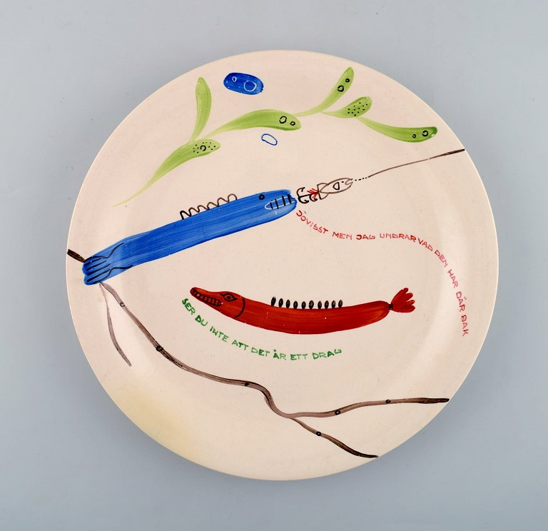 Stig Lindberg for Gustavsberg. "Löja" plate. Hand painted with fish motifs. 
1950