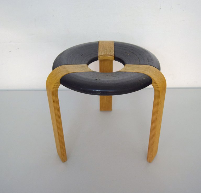 Magnus Olesen. Stool model number 4550. Oak veneer with black lacquered seat. 
Dated 1970-75.