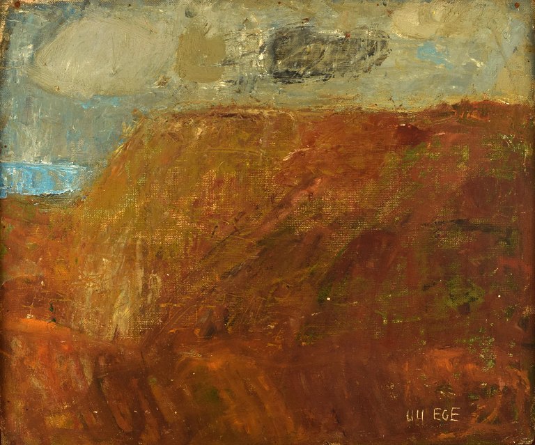 Lili Ege (1913-2004). Dansk kunstmaler. Olie på plade. "Landskab fra 
Vestkysten". Modernistisk landskab. 1970