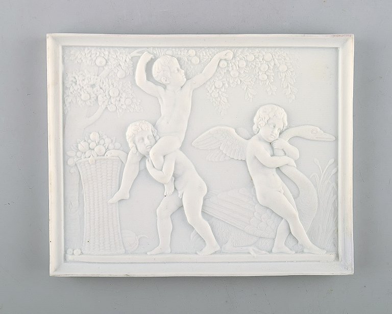 Royal Copenhagen after Thorvaldsen. Rare biscuit plaque. Boys stealing fruit. 
1870