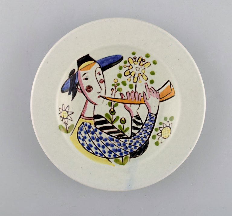 Carl-Harry Stålhane for Rörstrand. Hand painted bowl in glazed stoneware 
decorated with man in field. 1960