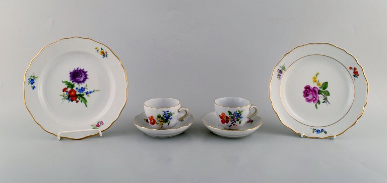 To Meissen kaffekopper med underkop og to tallerkener. Håndmalet gulddekoration 
og blomstermotiv. 1920/30