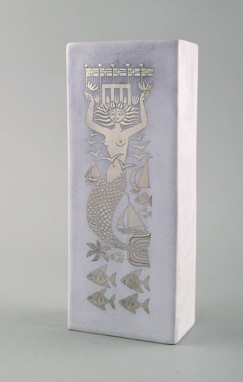 Stig Lindberg for Gustavsberg. "Grazia" vase in glazed stoneware with mermaid 
and fish in silver inlay. Mid 20th century.
