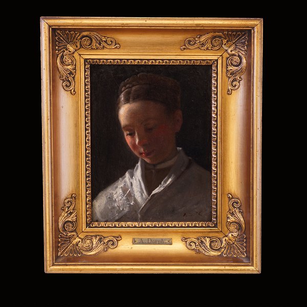 Anton Dorph, 1831-1914, portrait of a young lady. Oil on canvas. Signed and 
dated 1876. Visible size: 19x15cm. With frame: 31x27cm