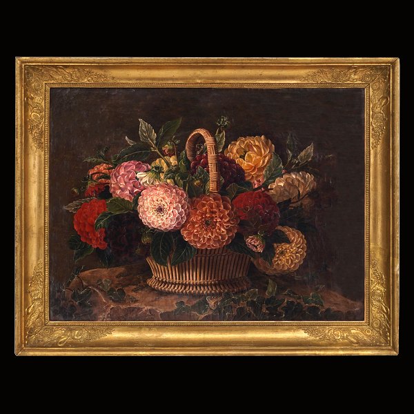 Unbekannter Künstler: Stilleben mit Blumen. Öl auf Leinen. Dänemark um 1840. 
Lichtmasse: 42x56cm. Mit Rahmen: 53x67cm