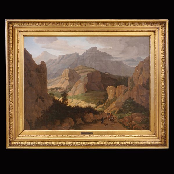 J. P. Møller, 1783-1854: Landscape with persons. Oil on canvas. Signed. Visible 
size: 48x63cm. With frame: 64x79cm