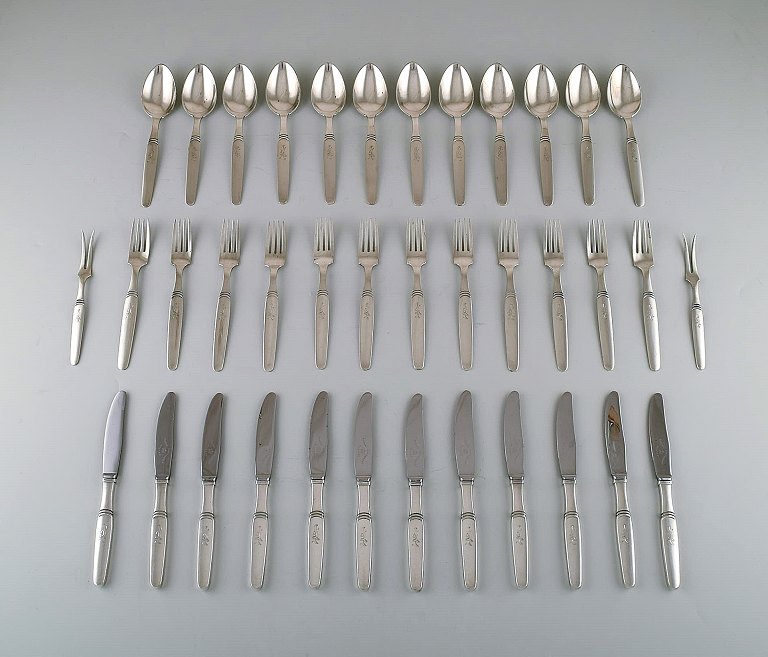 Hans Hansen silver cutlery number 16. Complete art deco lunch service for twelve 
people. Danish design, 1930