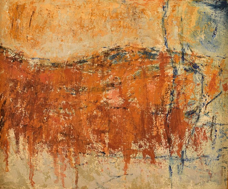 Jørgen Larsen, Danmark. Olie på lærred. "Fragment-Firenze". Stærk orange 
palette. 1960