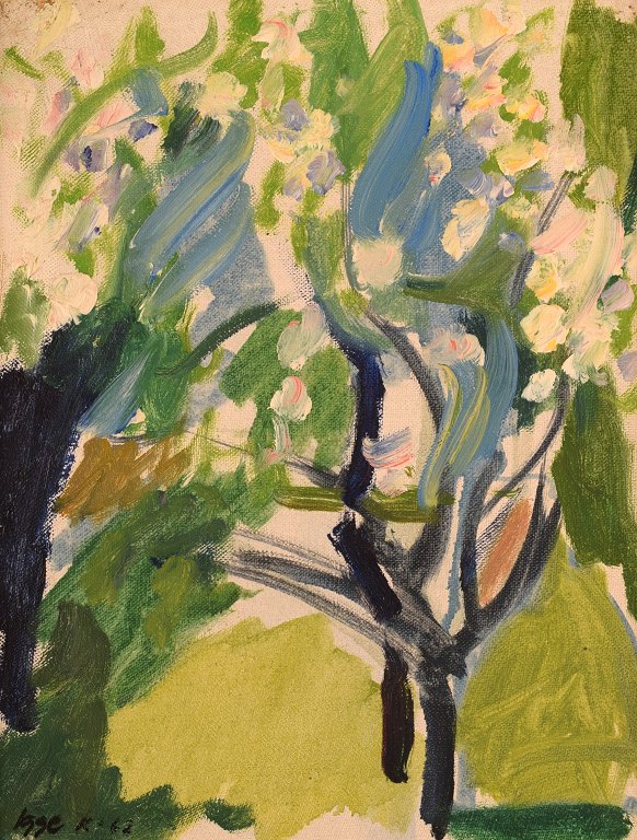 Igge Karlsson (1932-2009), Swedish artist. Oil on board. "Trees in the garden". 
Dated 1962.
