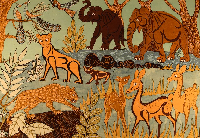 Ukendt kunstner. Tekstilkunst. Stof sat på plade. Naivistisk junglemotiv. Midt 
1900-tallet.
