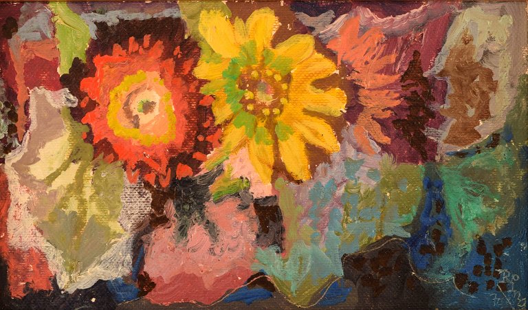 Ragnar Ring, Swedish painter. Oil on board. Arrangement with flowers. Dated 
1970.
