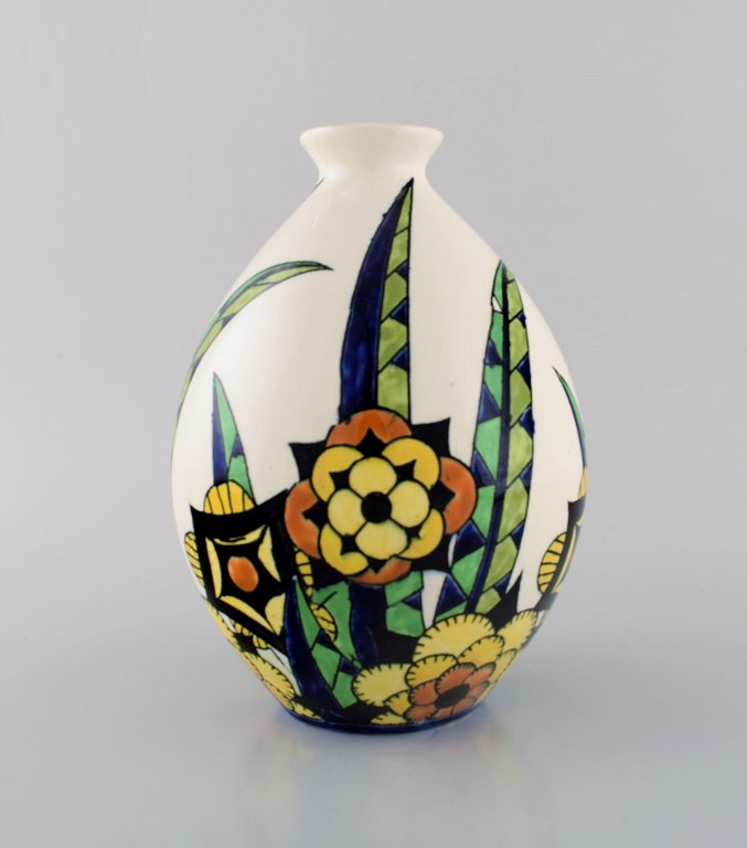 Charles Catteau (1880-1966) for Boch Freres Keramis, Belgien. Art deco ceramic 
vase in cloisonné technique. Hand painted with flowers. 1920 / 30