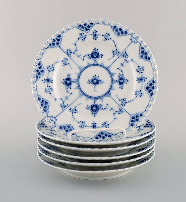 Six Royal Copenhagen Blue Fluted Full Lace plates in porcelain. Model Number 
1/1087.
