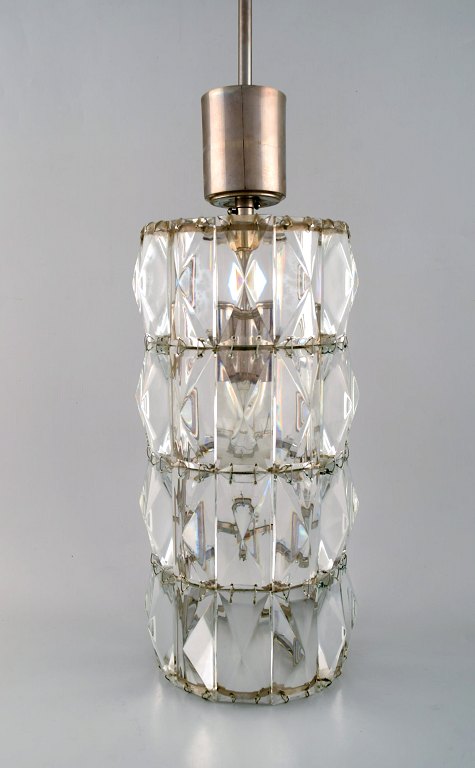 Kaiser Leuchten, Germany. Cylindrical Pendant / ceiling lamp. Metal body with 
crystal glass elements. 1960 / 70