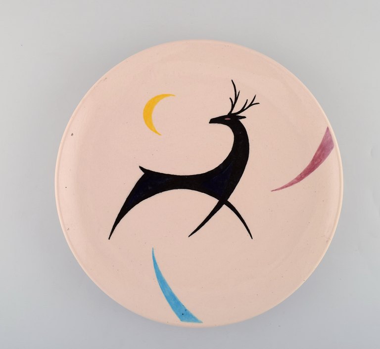 European studio ceramist. Unique dish in glazed ceramics with deer. 1980