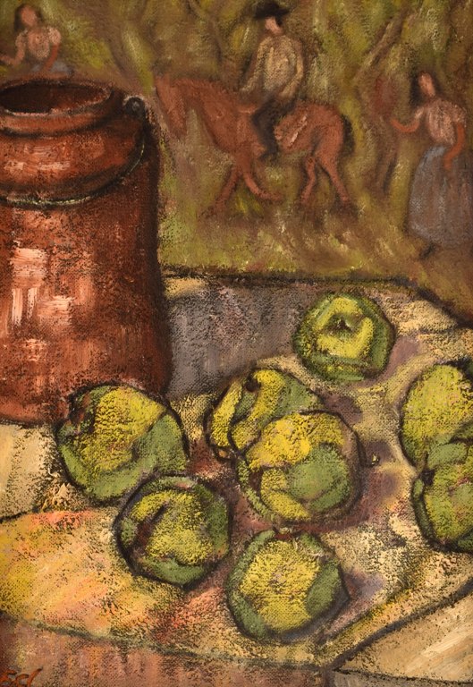 Folke Ed (1900-1982), Sweden. Oil on board. Still life with fruits and people in 
the background. 1960