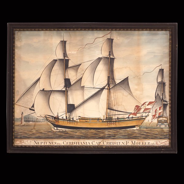 A late 18th century ship painting, watercoler, showing the ship "Neptunus from 
Christiania Capt Chresten P Moller 1795". Visible size: 47x64cm. With frame: 
53x70cm