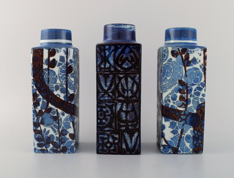Nils Thorsson and Johanne Gerber for Aluminia, Royal Copenhagen.
Three Baca vases with patterned glaze in shades of green, blue and brown. 
1960