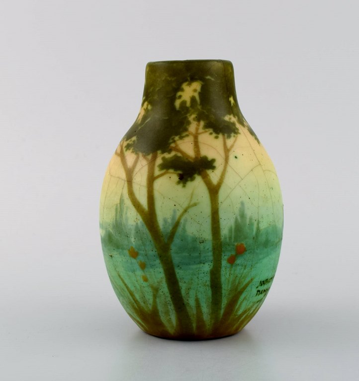 Amalric Walter (1870-1959) for Nancy. Rare vase in glazed ceramics decorated 
with river landscape. Beautiful crackled glaze. Museum quality, 1890s.
