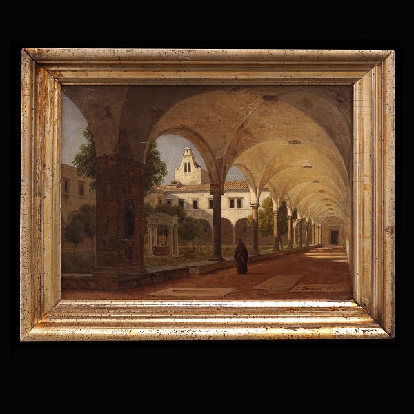 Peter Kornbeck, 1837-94, oil on canvas. View from Italy. Signed and dated 1874. 
Visible size: 26x33cm. With frame: 41x48cm