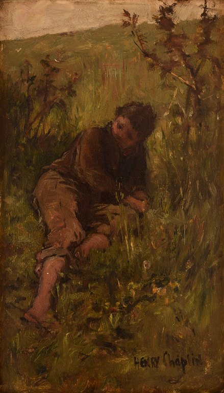 Henry Chaplin (1831-1903), britisk maler. Olie på plade. Dreng liggende på eng. 
1800-tallet.  
