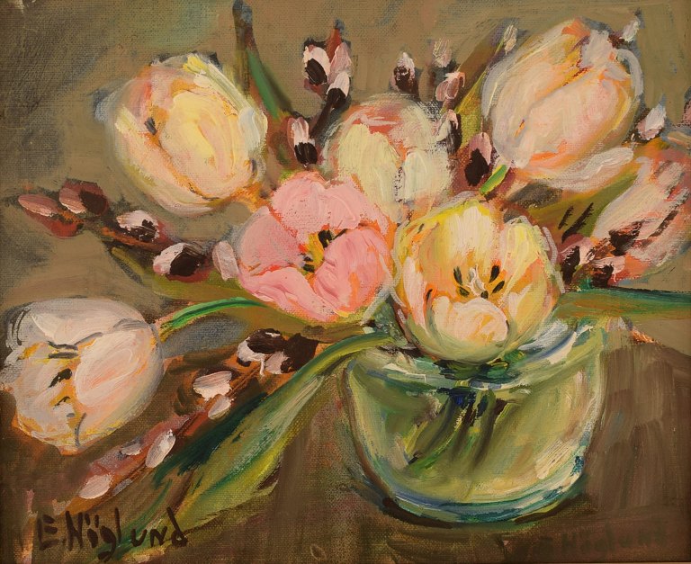 Erik Höglund, Sweden. Oil on canvas. Still life with flowers. 1960 / 70s.
