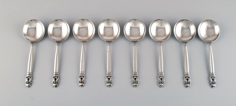 Eight Georg Jensen Acorn boullion spoons in sterling silver.
