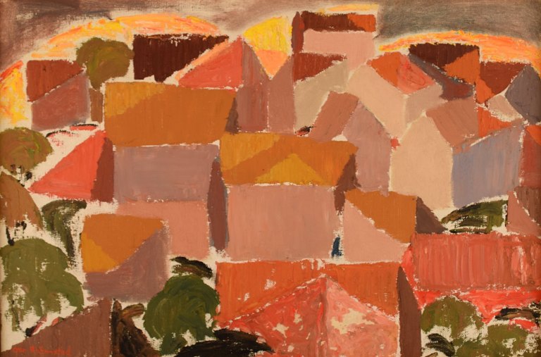 Olle Rhönnstad (1931-1988), Sweden. Oil on canvas. Modernist urban motif. 
1960