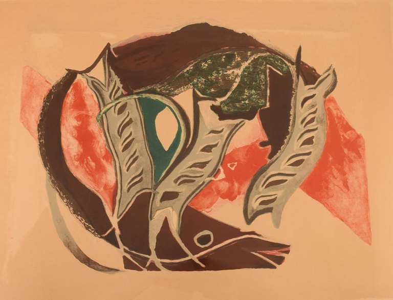 Siri Lovisa Rathsman (1895-1974), Sweden. Color lithography. Abstract 
composition with fish. 147/160. Dated 1963.
