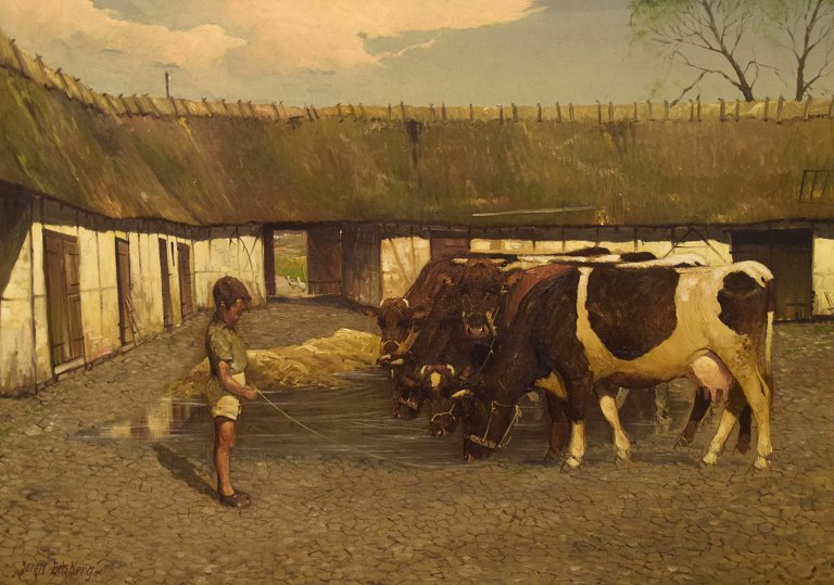 Søren Edsberg (b. 1945), Denmark. Oil on canvas. Farm landscape with boy and 
cows. Late 20th century.
