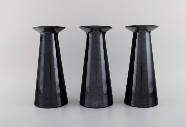 Stölzle-Oberglas, Austria. Three Beatrice and Nora vases in black art glass. 
White interior. 1980s.
