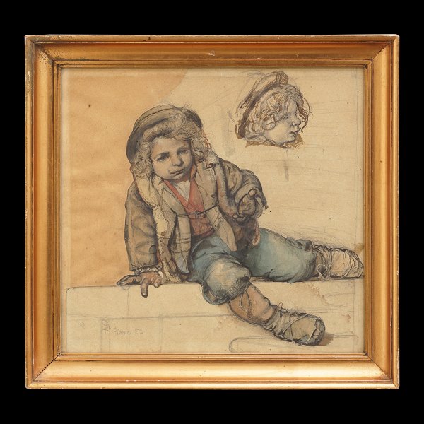 Pietro Krohn, 1840-1905, tegning. "Siddende lyshåret Dreng". Signeret med 
monogram Roma 1872. Lysmål: 32x33cm. Med ramme: 39x40cm