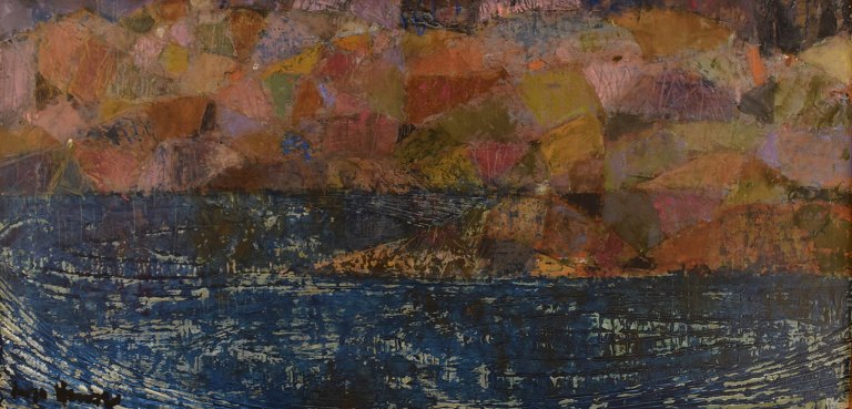 Inga Hense (1919-1999), Sweden. Oil on board. Modernist landscape. 1960s.
