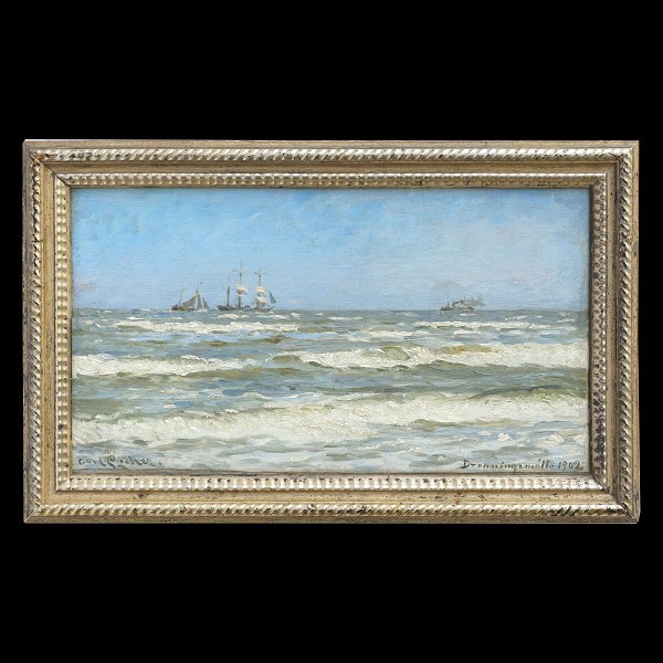 Carl Locher marinebillede, Dronningmølle. Carl Locher, 1851-1915, olie på lærred 
monteret på plade. Signeret "Carl Locher Dronningmølle 1902". Lysmål: 29x52cm. 
Med ramme: 39x62cm