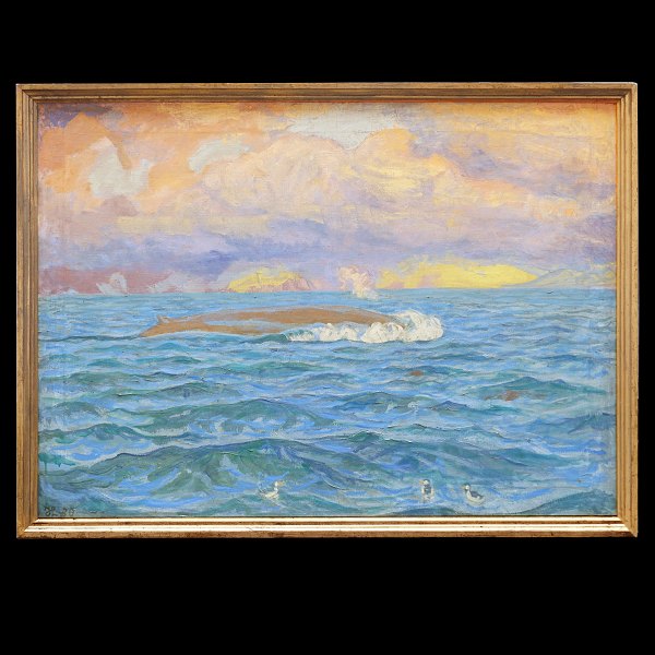 Johannes Larsen, 1867-1961, Öl auf Leinen. Finnwal und Seepapegeien vor der 
Küste Islands. Signiert und datiert 1930. Lichtmasse: 93x130cm. Mit Rahmen: 
102x139cm