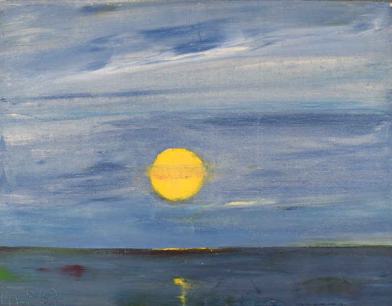 Alf Olsson (f. 1925), Sverige. Olie på lærred. Modernistisk solnedgang. Dateret 
1967.
