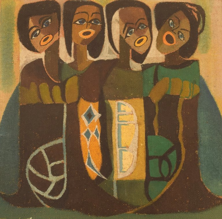 Skandinavisk kunstner. Olie på tekstil. Syngende kvinder. Midt 1900-tallet.

