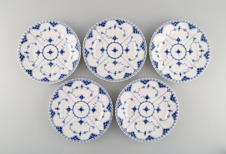 Five antique Royal Copenhagen Blue Fluted Full Lace plates. 19th century.
