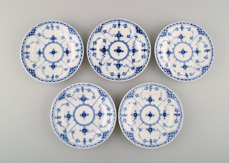 Five antique Royal Copenhagen Blue Fluted Half Lace Plates. Model number 1/576. 
Dated 1889-1922.
