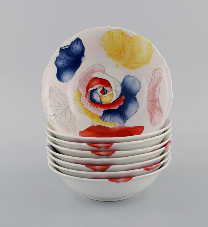 Emilio Bergamin for Taitù. Eight deep Romantica plates in porcelain with 
flowers. Italian design. Dated 1994.
